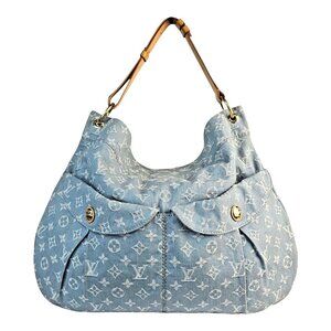 LOUIS VUITTON Daily GM Denim Leather Shoulder Bag Hobo Blue Clair Monogram LV
